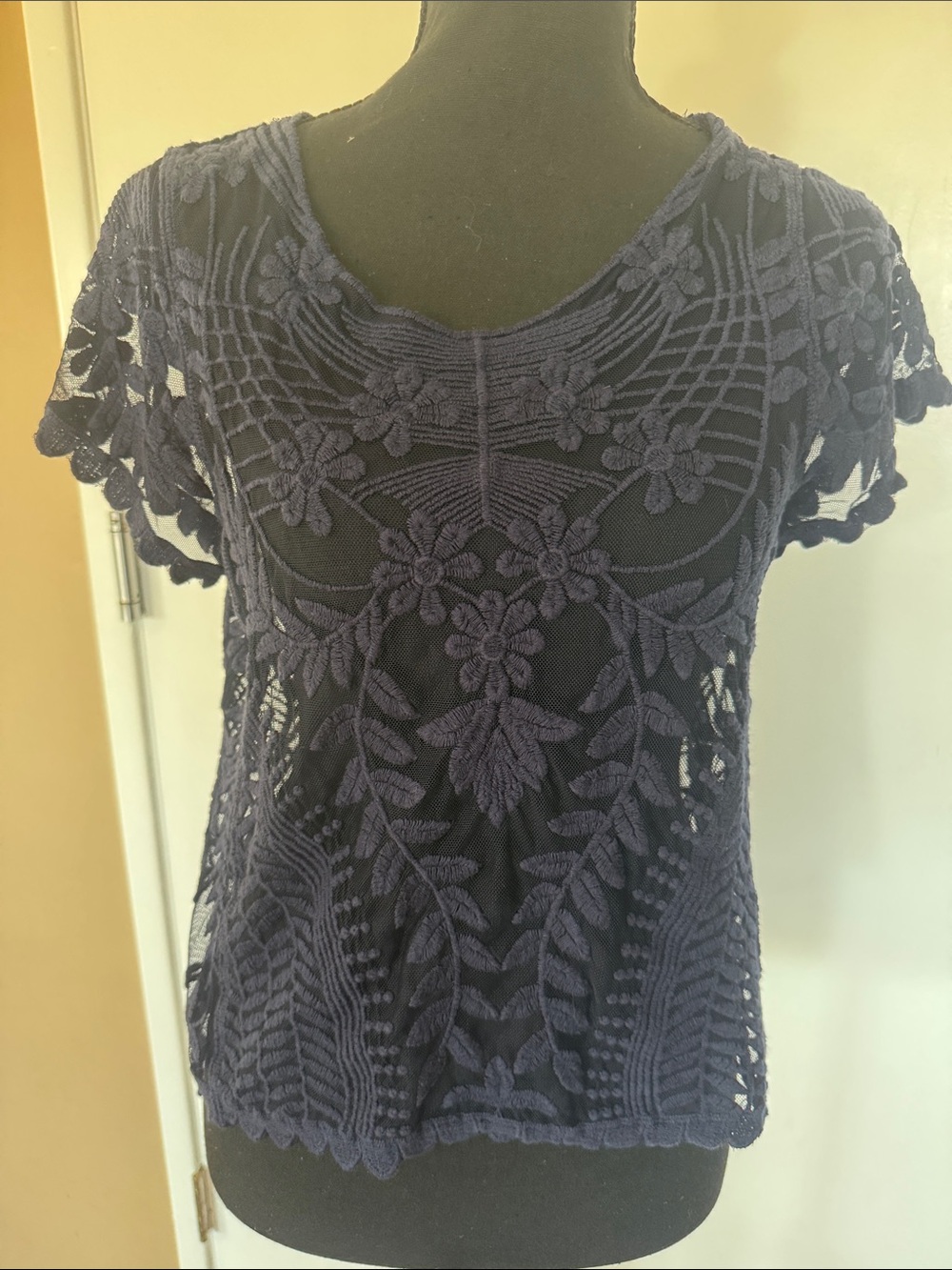 Express Navy Crochet Floral Short Sleeve Top
